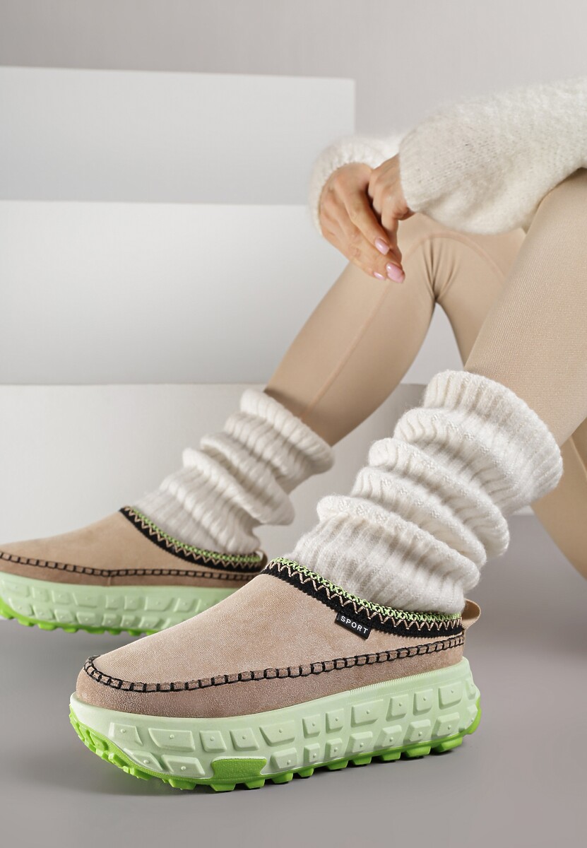 Beżowo-Zielone Śniegowce na Platformie z Tłoczeniem i Niską Cholewką Violova