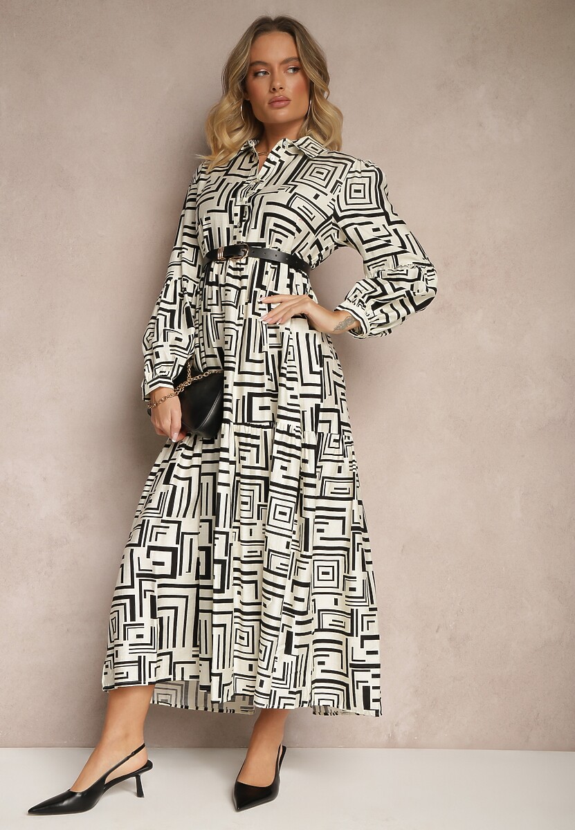 Czarna Rozkloszowana Sukienka z Wiskozą w Geometryczny Print Apirestia