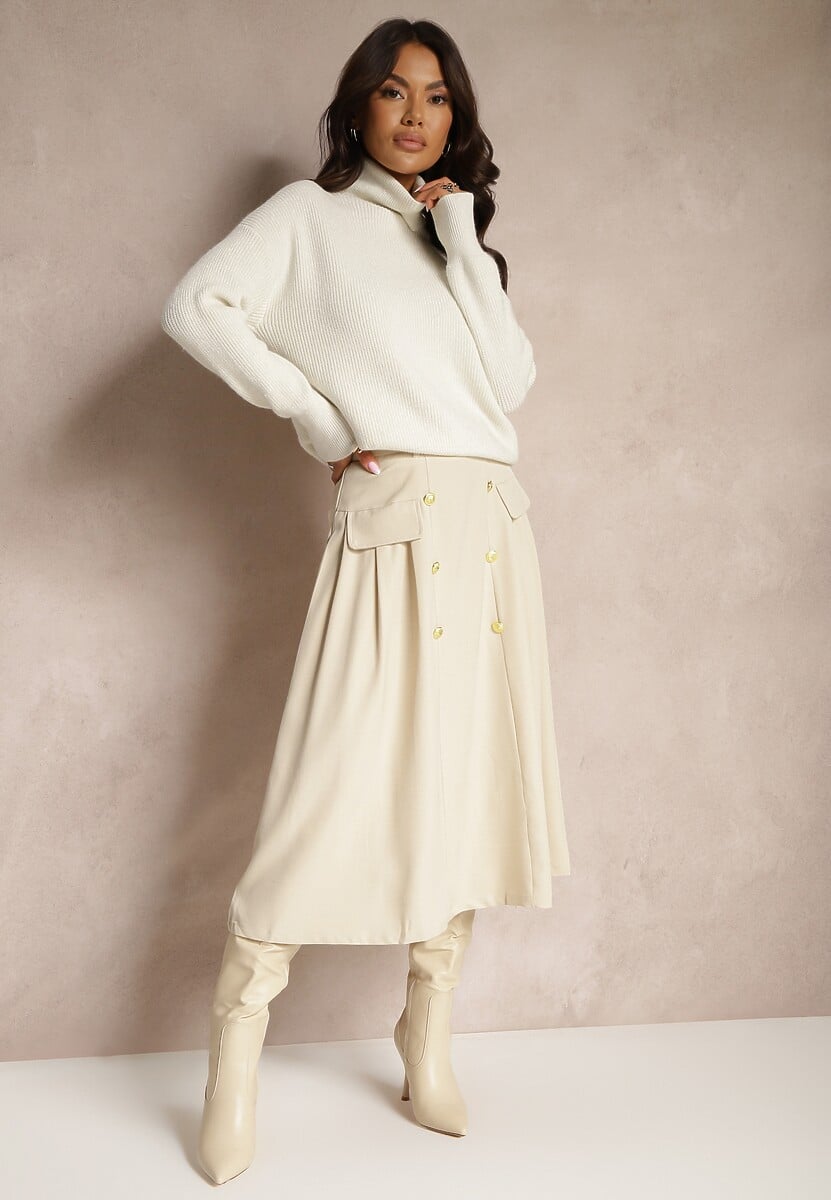 Beżowa Rozkloszowana Spódnica z Ozdobnymi Guzikami i Paskiem w Talii Vikkira