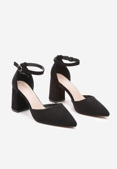 Czarne Czółenka na Obcasie ze Skórzaną Wkładką i Paskiem Wokół Kostki Veliona