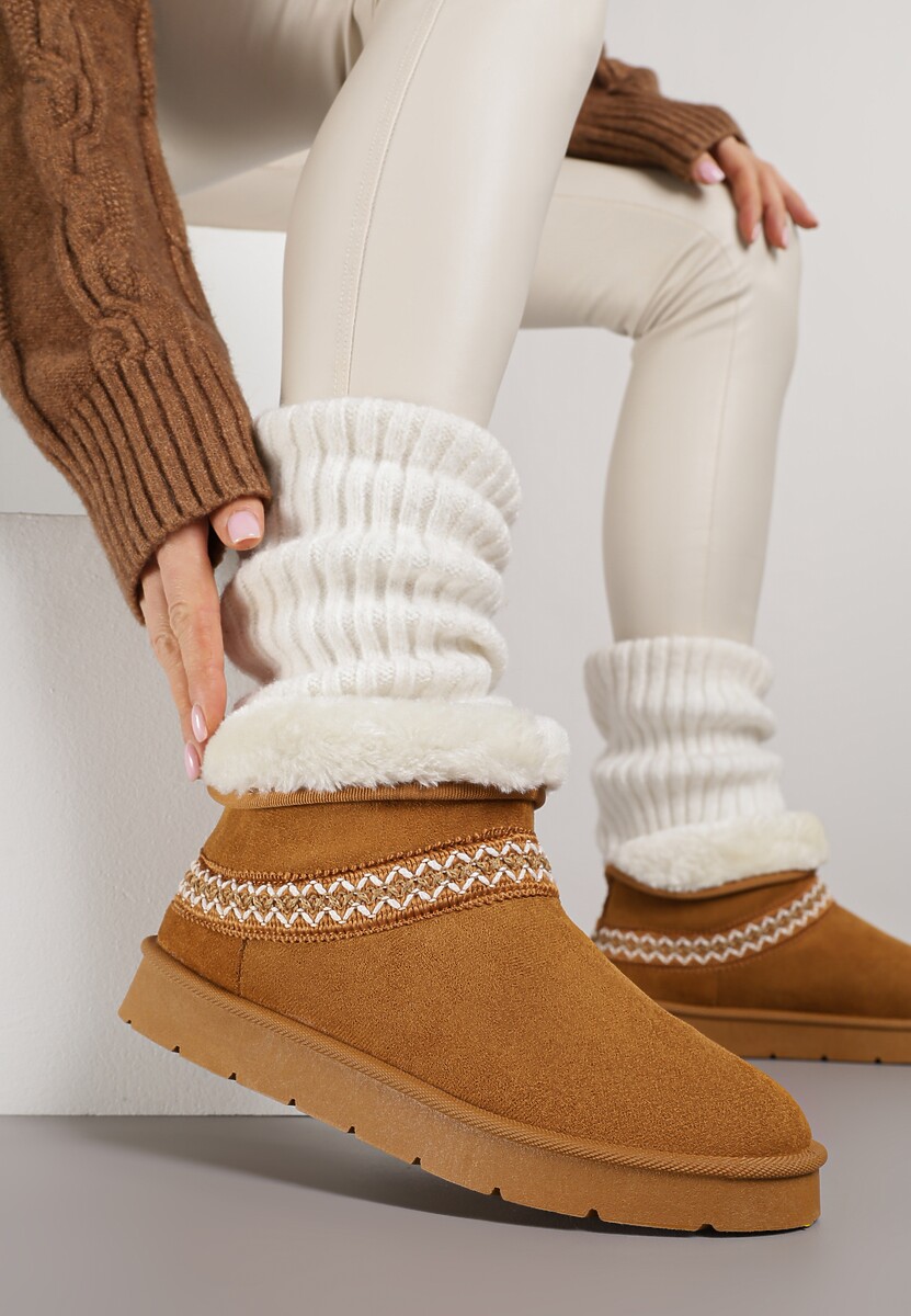 Brązowe Rustykalne Śniegowce z Imitacji Zamszu z Haftem i Futerkiem Zetilda