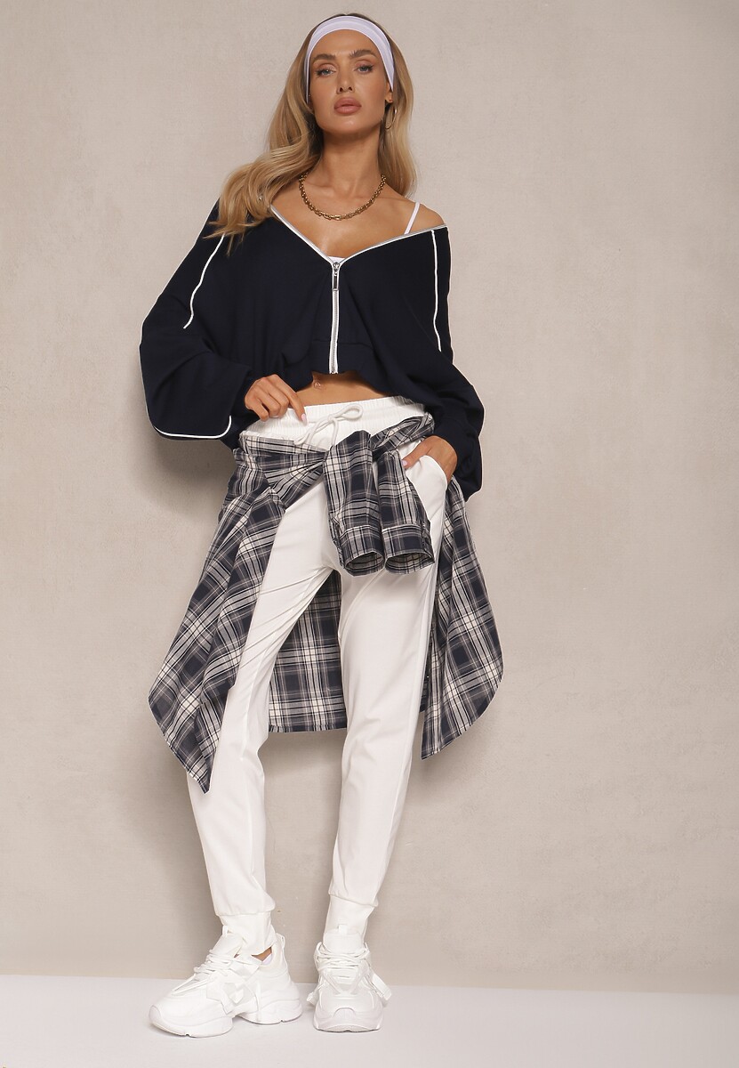 Białe Spodnie Dresowe z Wiskozą High Waist Ozdobione Sznurkiem Ellivenna