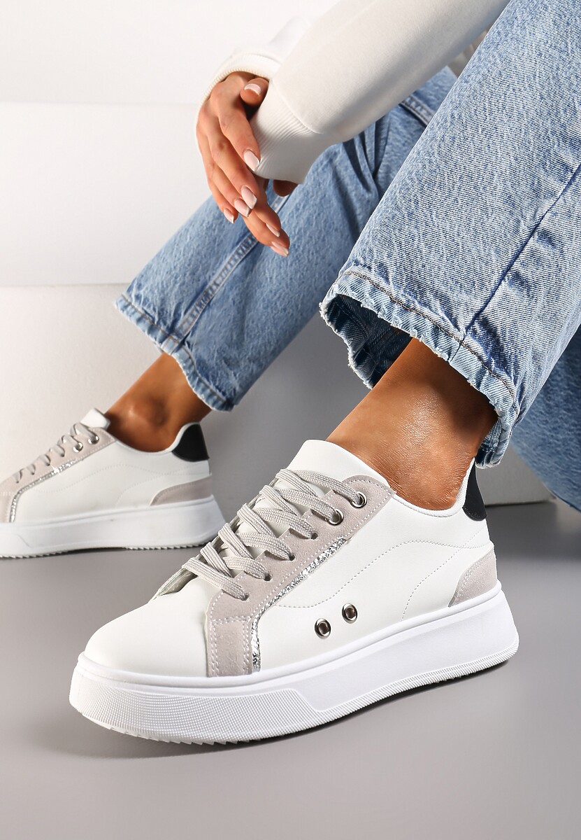 Biało-Szaro Sneakersy z Metalicznymi Wstawkami na Grubej Podeszwie Amoone