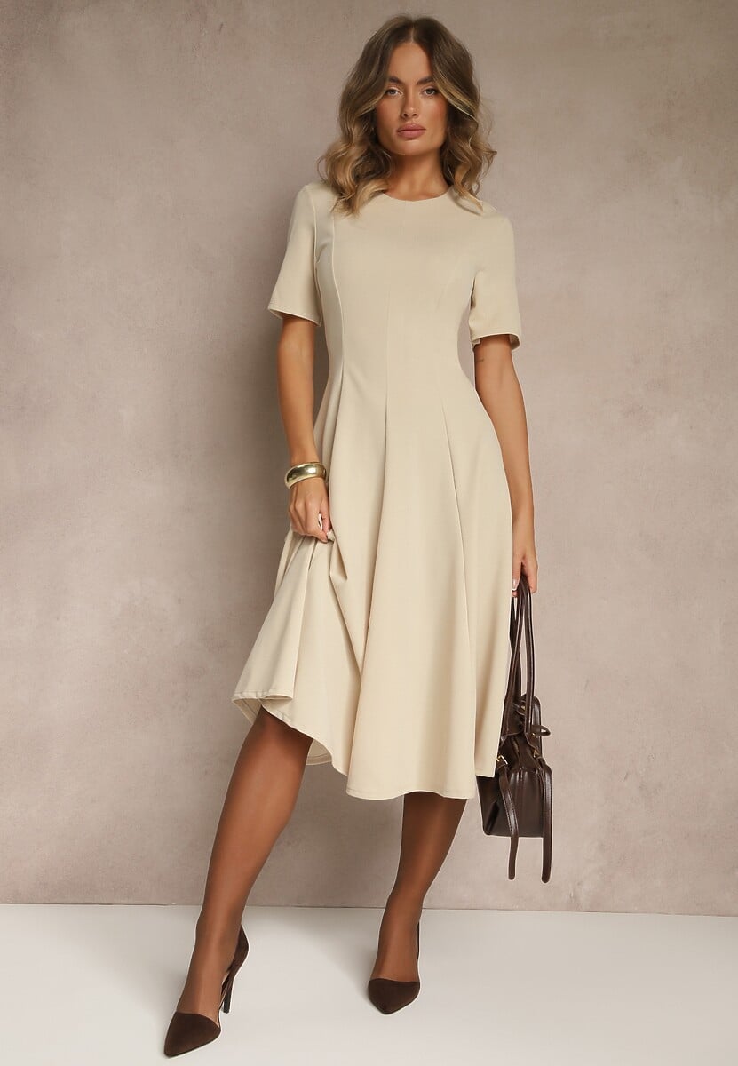 Beżowa Sukienka Rozkloszowana o Taliowanym Fasonie Telaswena