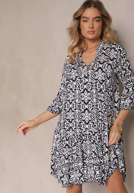 Granatowa Rozkloszowna Sukienka z Bawełny w Ornamentalny Wzór z Falbaną Lanariella