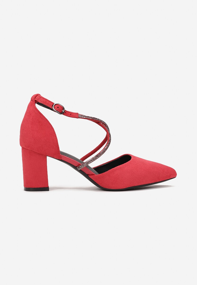 Czerwone Czółenka na Słupku z Paskami z Cyrkoniami i Szpiczastymi Noskami Jarise