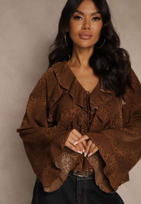 Brązowa Bluzka w Panterkę z Szerokimi Rękawami Zdobiona Falbankami Enntia