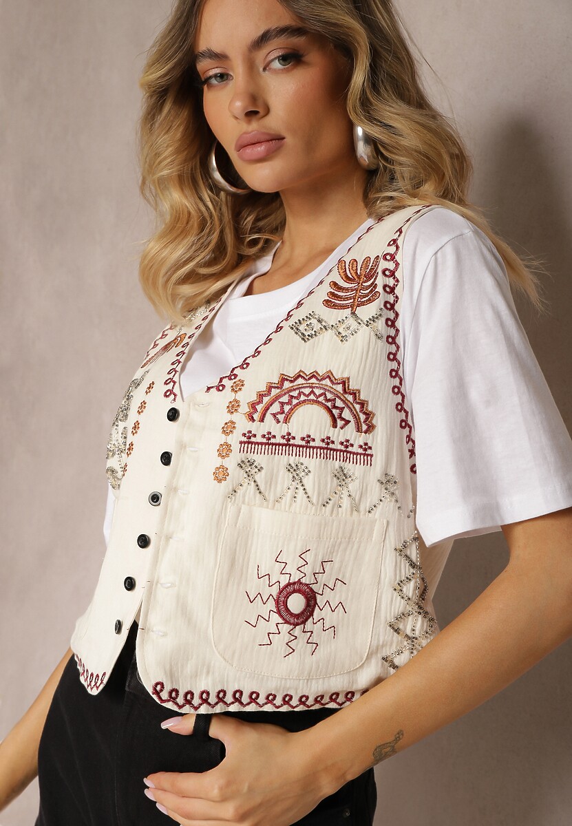 Jasnobeżowa Kamizelka z Bawełny Ozdobiona Haftem Zapinana na Guziki Eleasea