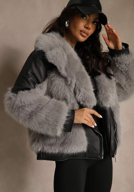 Szara Kurtka o Kroju Ramoneski z Futrem Sevre