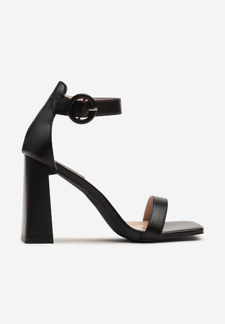 Czarne Sandały na Kwadratowym Słupku z Okrągła Sprzączką i Paskiem wokół Kostki Soralise