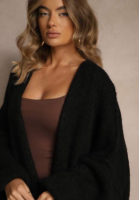 Czarny Niezapinany Kardigan Nietoperzowy z Dodatkiem Wełny i Wiskozy Rallidia