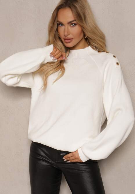 Biały Sweter Dzianinowy z Długim Rękawem i Guzikami Kithi