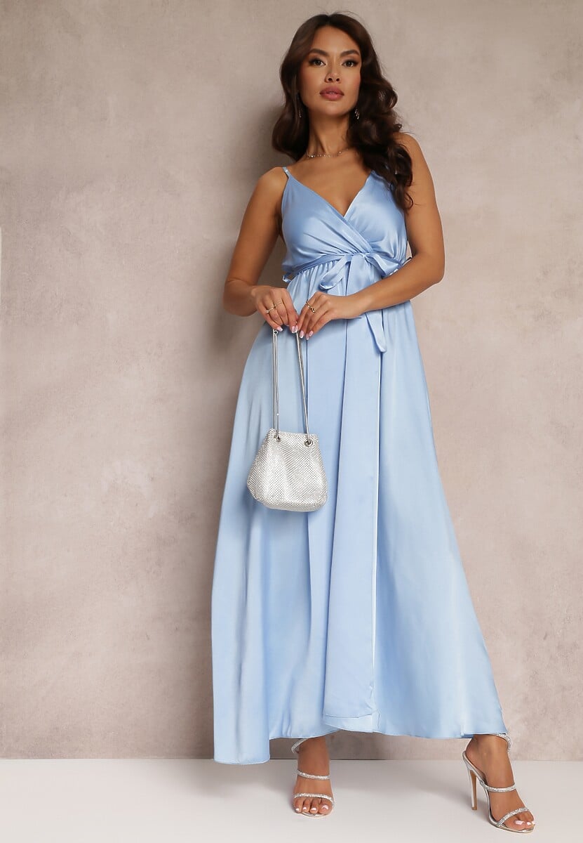 Jasnoniebieska Koktajlowa Sukienka z Gumką w Pasie na Regulowanych Ramiączkach Anajane