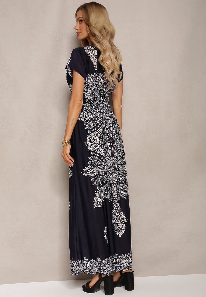 Granatowa Letnia Sukienka z Gumką w Pasie Kopertową Górą i Ornamentalnym Printem Avilepea
