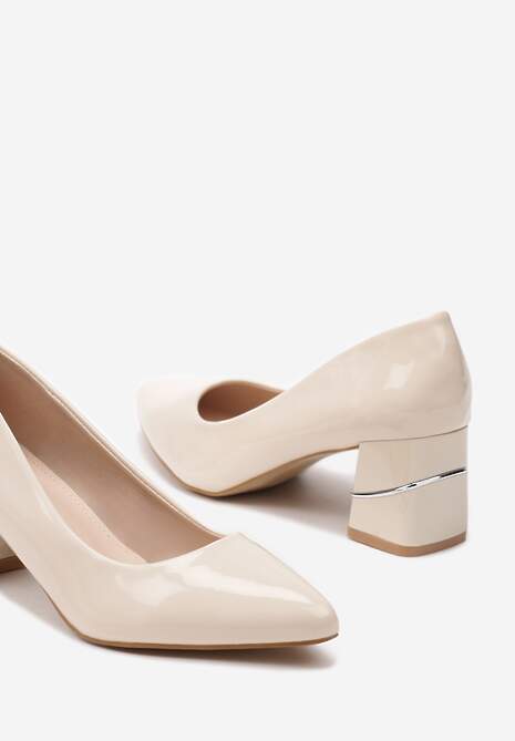 Beżowe Wsuwane Czółenka z Lakierowanej Ekoskóry na Słupku z Aplikacją Aalavira