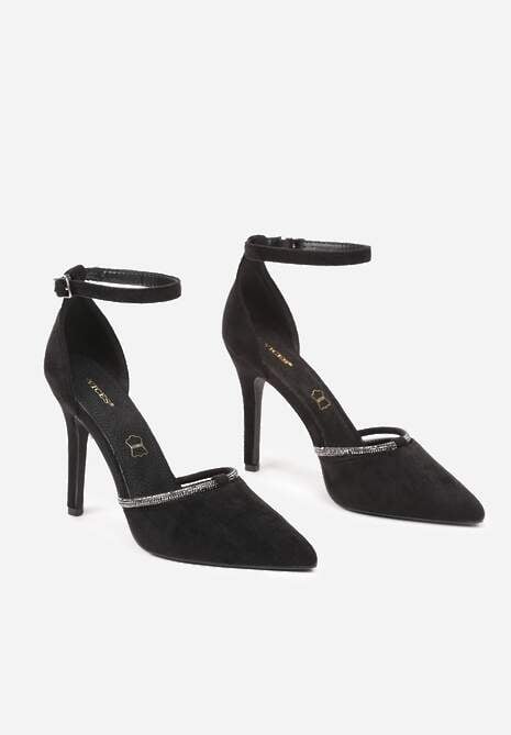 Czarne Szpilki Vices z Wkładką ze Skóry Naturalnej i Ozdobnym Cyrkoniowym Paskiem Lizzeth