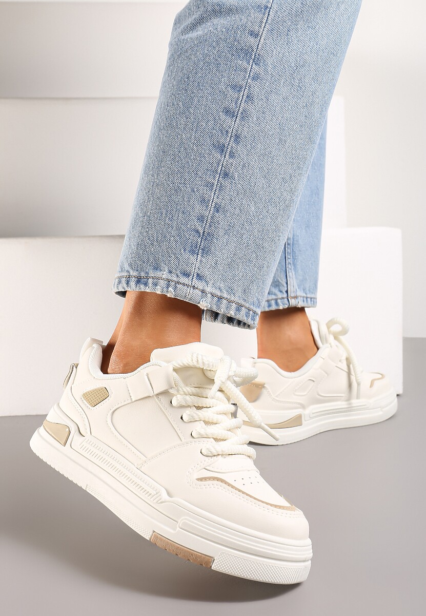 Beżowe Sneakersy na Niskiej Platformie z Grubym Sznurowaniem i Podwójnym Językiem Minseja