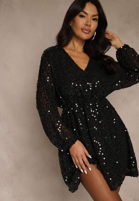 Czarna Rozkloszowana Sukienka z Długimi Rękawami Zdobiona Cekinami Reisena