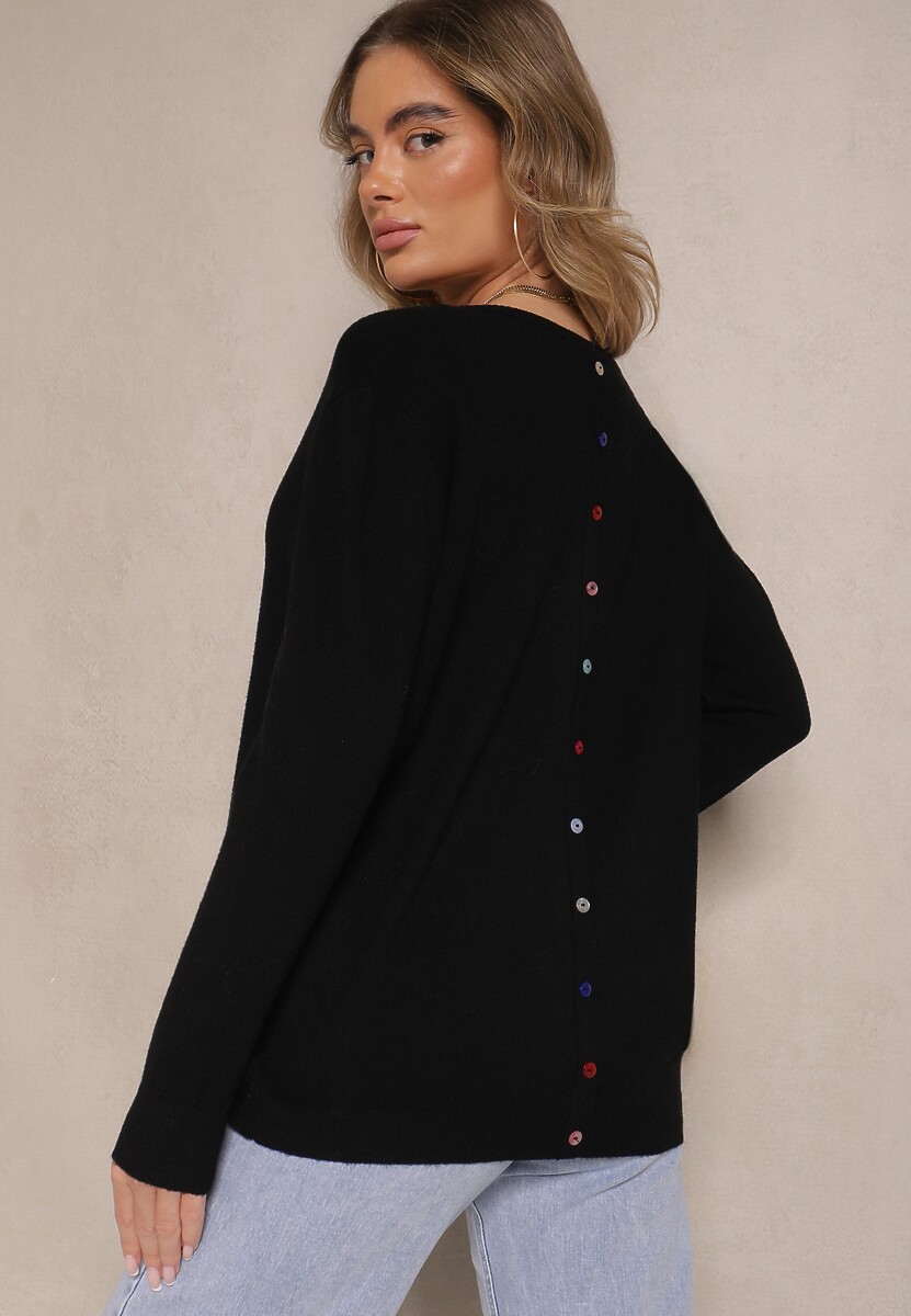 Czarny Sweter z Kaszmirem Ozdobiony Kieszeniami Saniswena