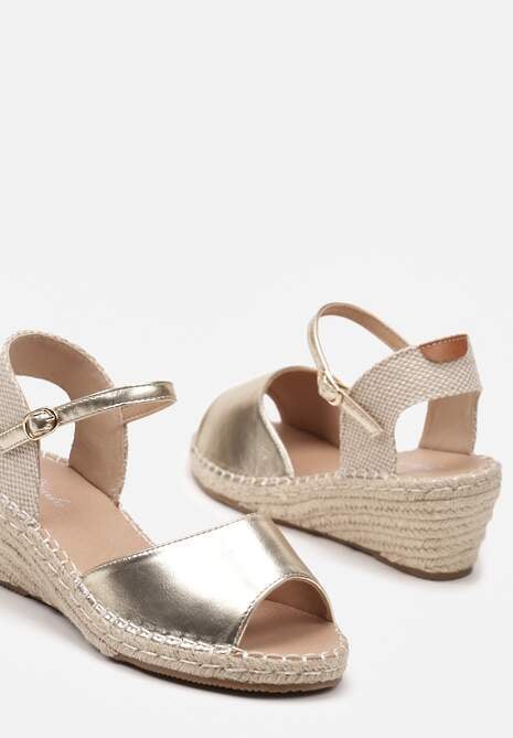 Złote Sandały na Koturnie z Wkładką z Ekoskóry Ozdobione Plecionką z Juty Notesa