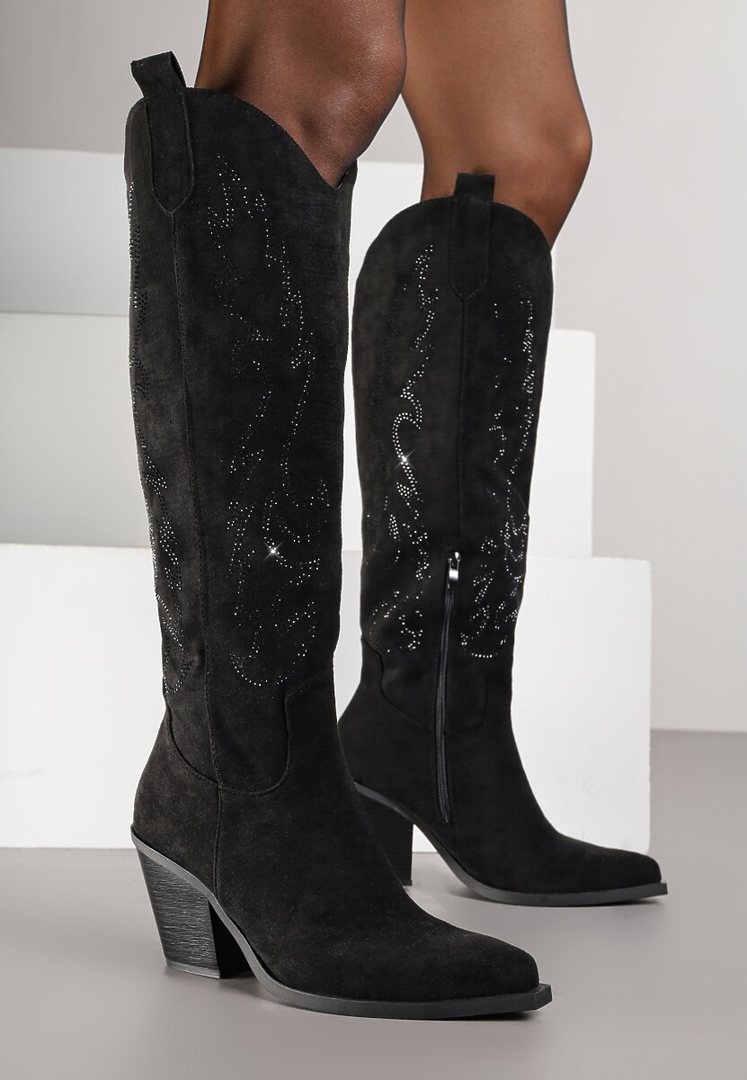 Czarne Kozaki Kowbojki na Stożkowym Obcasie Zdobione Cyrkoniami Nalera