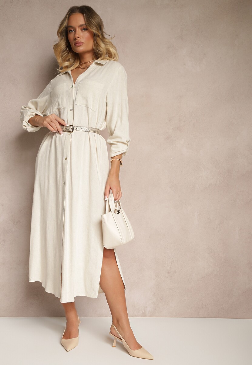 Beżowa Sukienka Koszulowa z Wiskozą Lnem i Regulacją przy Rękawach Florvezia