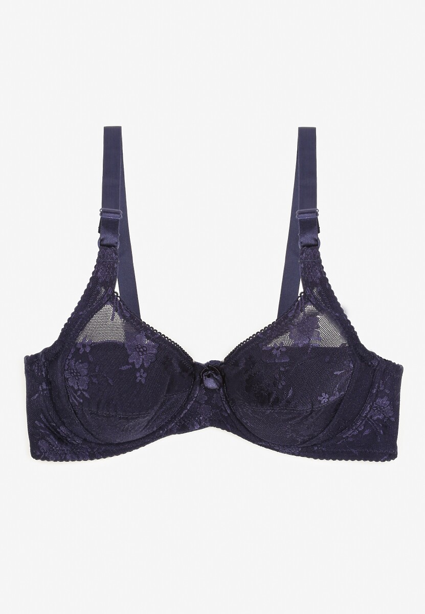 Granatowy Koronkowy Biustonosz na Haftki na Ramiączkach z Regulacją Dimissta