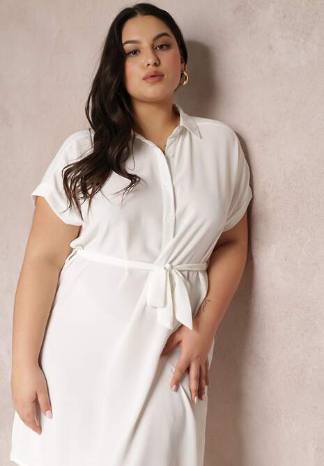 Biała Sukienka Koszulowa Wiązana w Pasie z Krótkimi Rękawami Wellwood