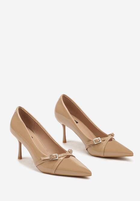 Ciemnobeżowe Lakierowane Szpilki Vices z Klamrami i Paskami Tamirella