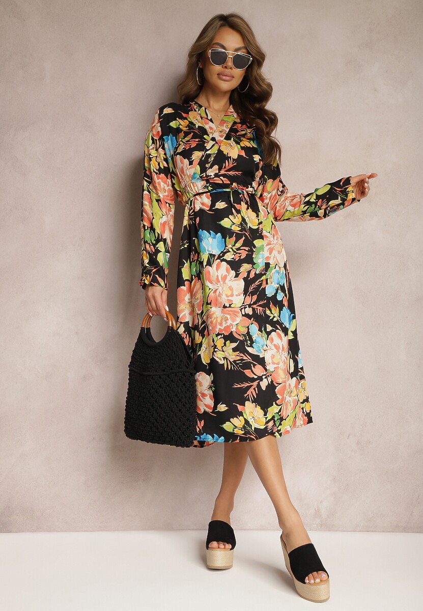 Czarno-Różowa Kopertowa Sukienka z Kwiecistym Printem Aleratoa