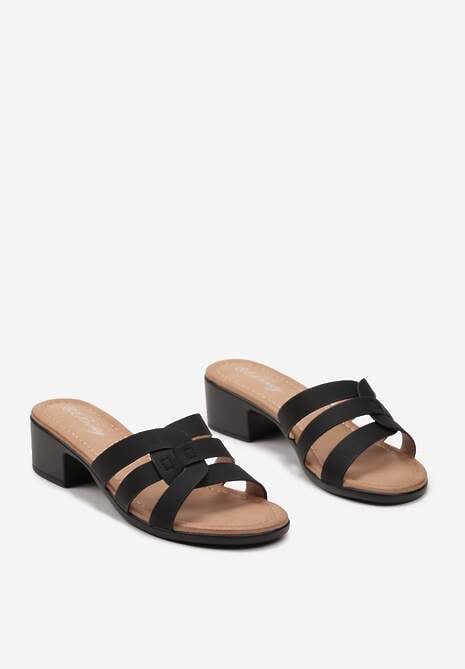 Czarne Klapki na Niewysokim Słupku z Ozdobnymi Paskami Acisarda