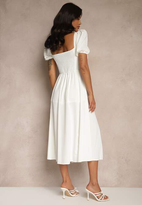 Biała Rustykalna Sukienka o Rozkloszowanym Kroju z Wiązaniem i Rozcięciem Idanvera