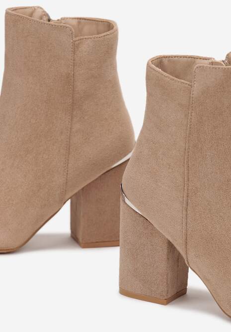 Ciemnobeżowe Botki na Obcasie z Imitacji Zamszu Giorgina