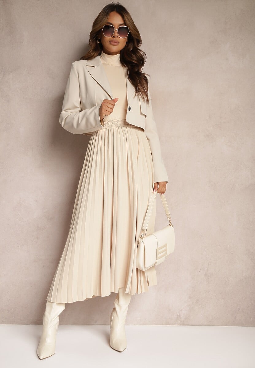 Beżowa Rozkloszowana Spódnica High Waist z Ozdobnymi Plisami i Gumką w Pasie Veratia