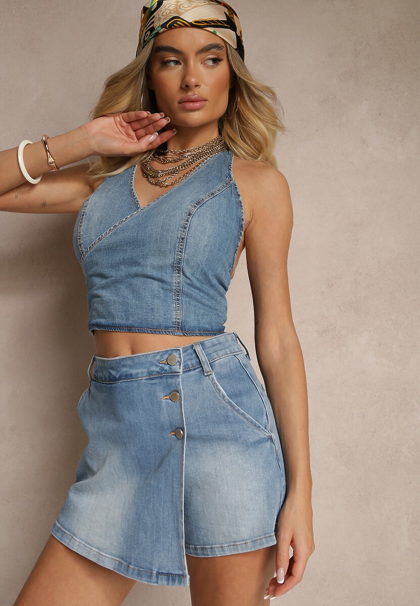 Beżowe Spódnico-Spodenki z Zakładką i Ozdobnymi Guzikami Finritia