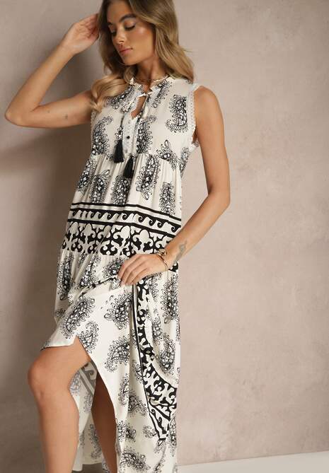 Czarna Rozkloszowana Sukienka z Wiskozy Wiązana pod Szyją w Print Paisley Nreadia