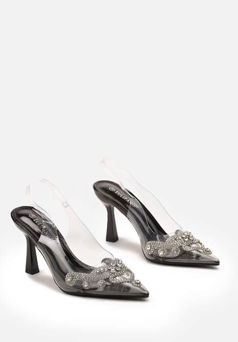 Czarne Transparentne Sandały na Klepsydrowej Szpilce z Cyrkoniami i Odkrytą Piętą Nadifra