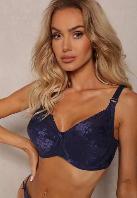 Granatowy Biustonosz z Koronki Full Cup z Regulowanymi Ramiączkami Dimela
