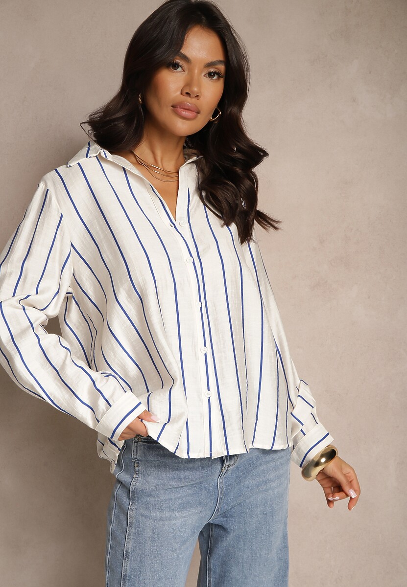 Biała Koszula Ozdobiona Printem w Paski z Bawełny i Wiskozy Hizea