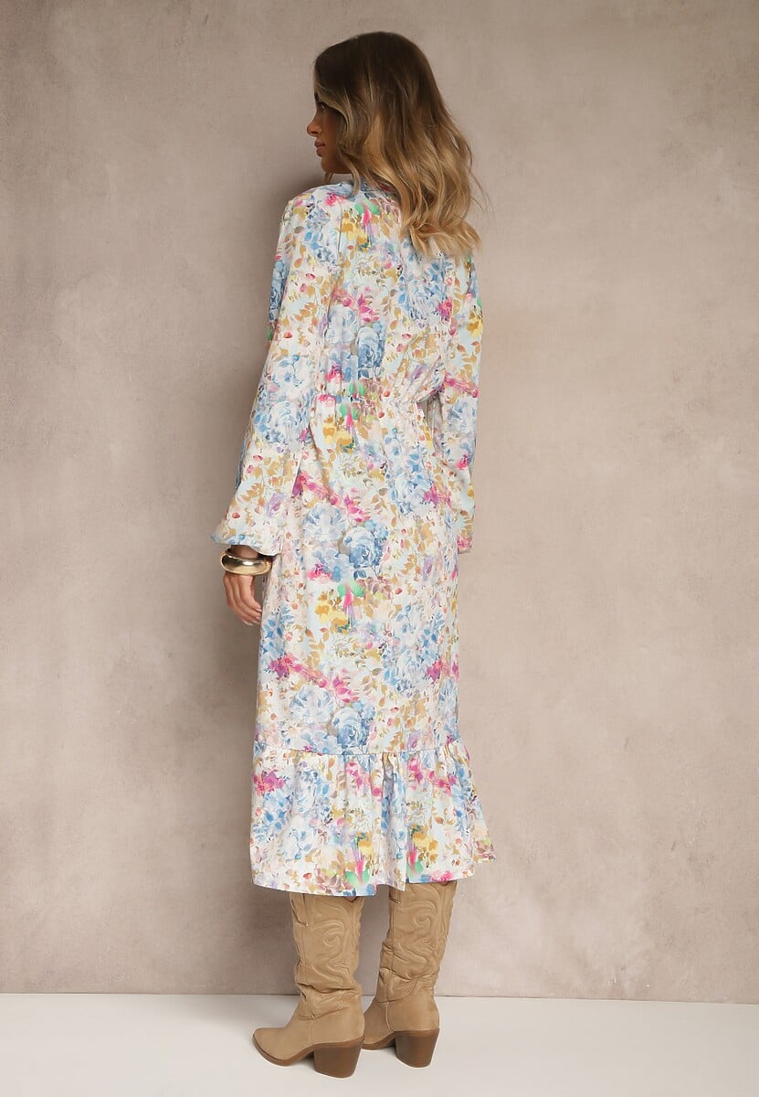 Jasnoniebieska Sukienka w Kwiatowy Print o Rozkloszowanym Kroju z Dekoltem w Serek Janellia