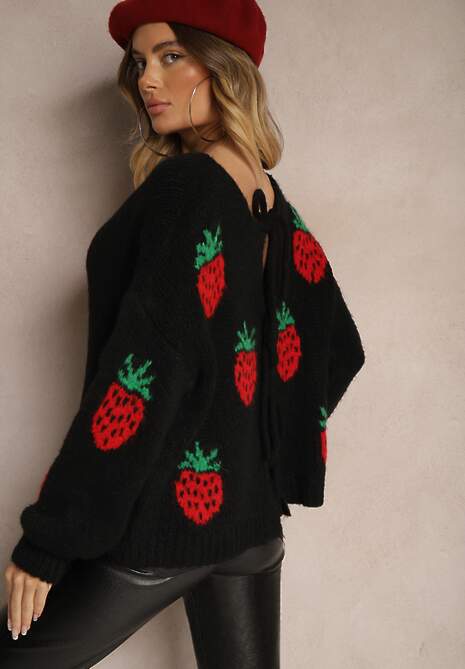 Czarny Wiązany Kardigan z Wełną i Wiskozą z Ozdobnym Wzorem z Truskawkami Cesirae
