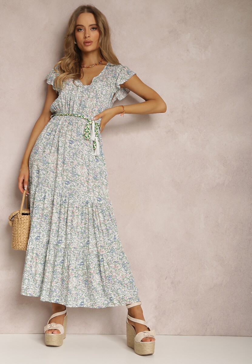 Biało-Zielona Sukienka ze Sznurkiem Olathe