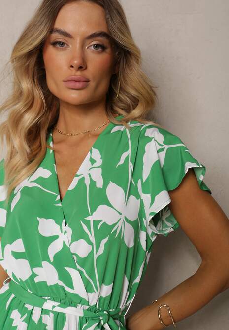 Zielona Sukienka z Kopertowym Dekoltem Plisowanym Dołem Wykończona w Talii Paskiem i Gumką Elsavia