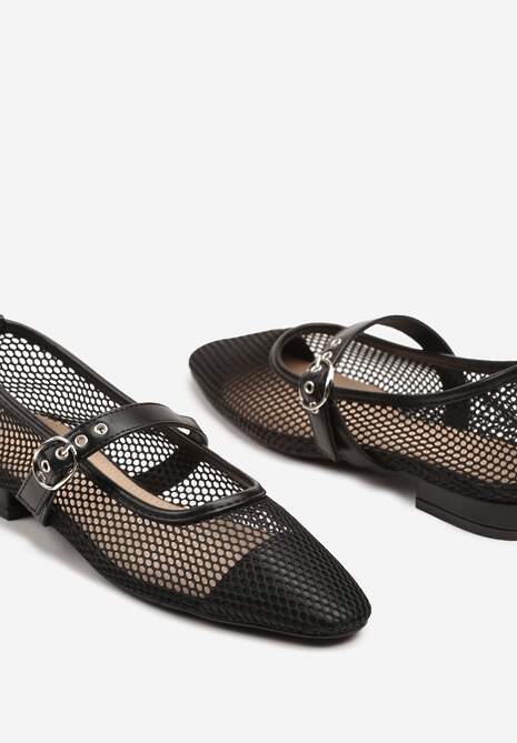 Czarne Czółenka w Stylu Balerinek na Niskim Słupku z Siateczki Zapinane na Pasek ze Sprzączką Elasiela