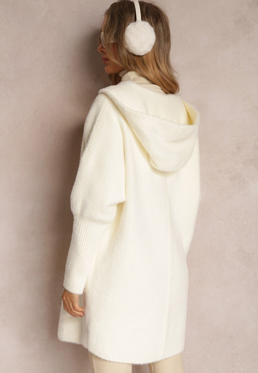 Jasnobeżowy Płaszcz Wełniany z Alpaką Oversize Długi z Kapturem Ortylia