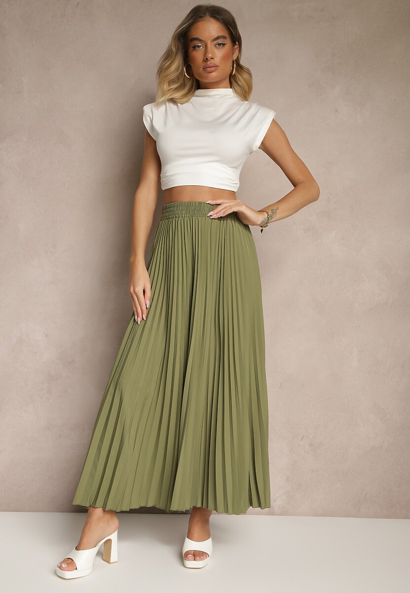 Jasnobeżowa Rozkloszowana Spódnica z Gumką w Talii Zdobiona Plisami Firlimi