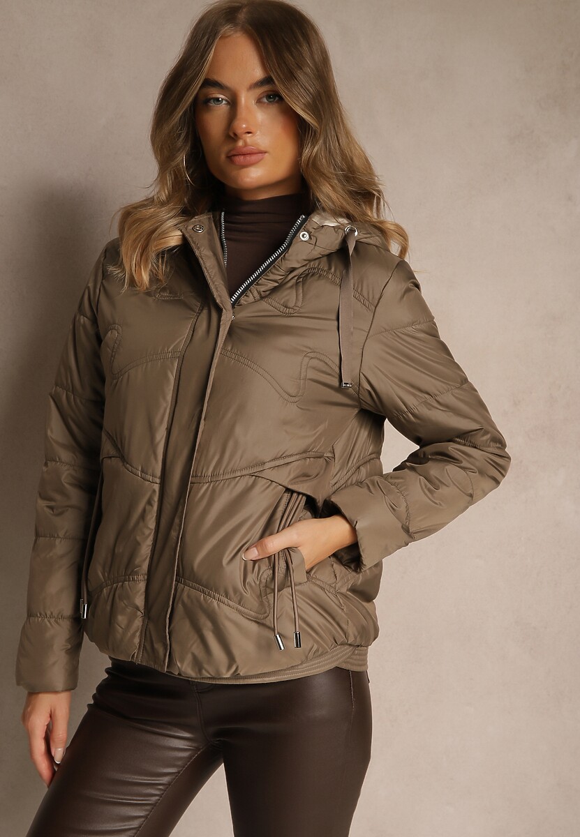 Brązowa Kurtka z Pikowanymi Przeszyciami i Kapturem Zdobiona Sznurkami Evivienne