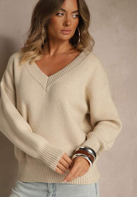 Beżowy Sweter z Kaszmirem i Trójkątnym Dekoltem Plenne