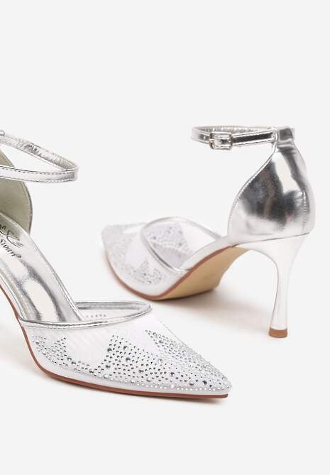 Srebrne Sandały Szpilki z Siateczkowym Noskiem w Szpic Zdobionym Cyrkoniami Alirenda