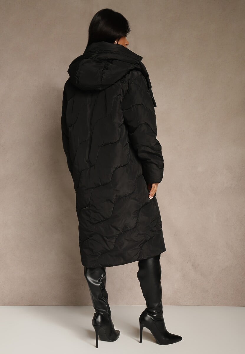 Czarna Pikowana Kurtka Płaszcz za Kolano z Kapturem Kelotta